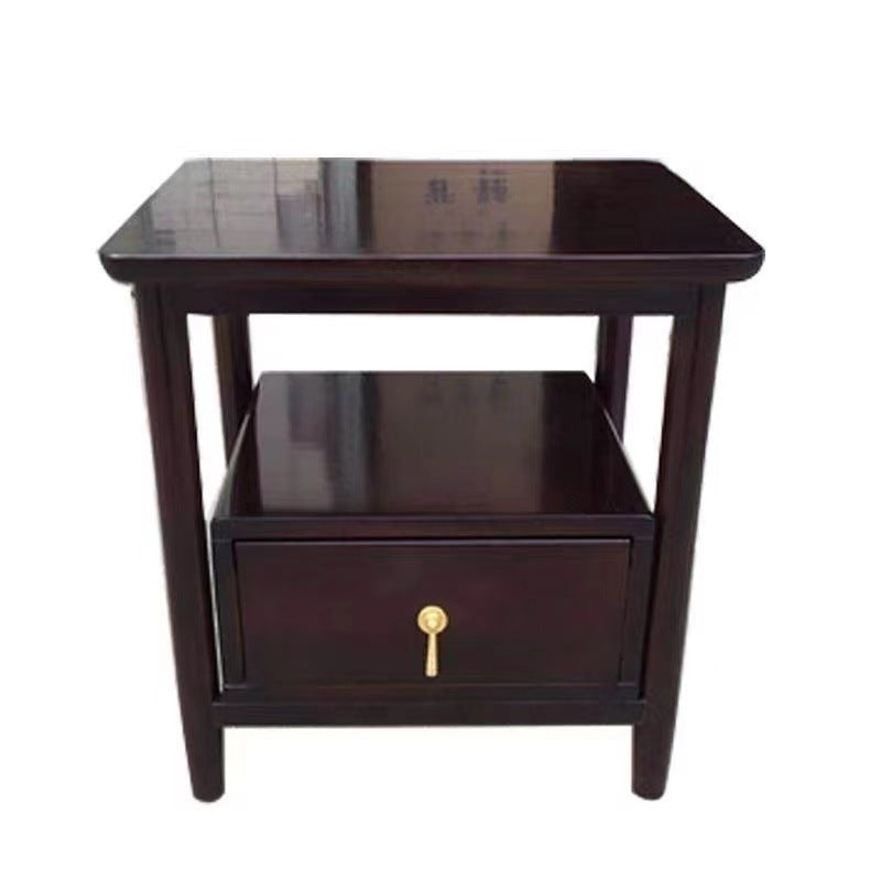 Traditional Chinese Solid Wood Plywood Cylindrical Square Nightstand With 1 Drawer For Bedroom