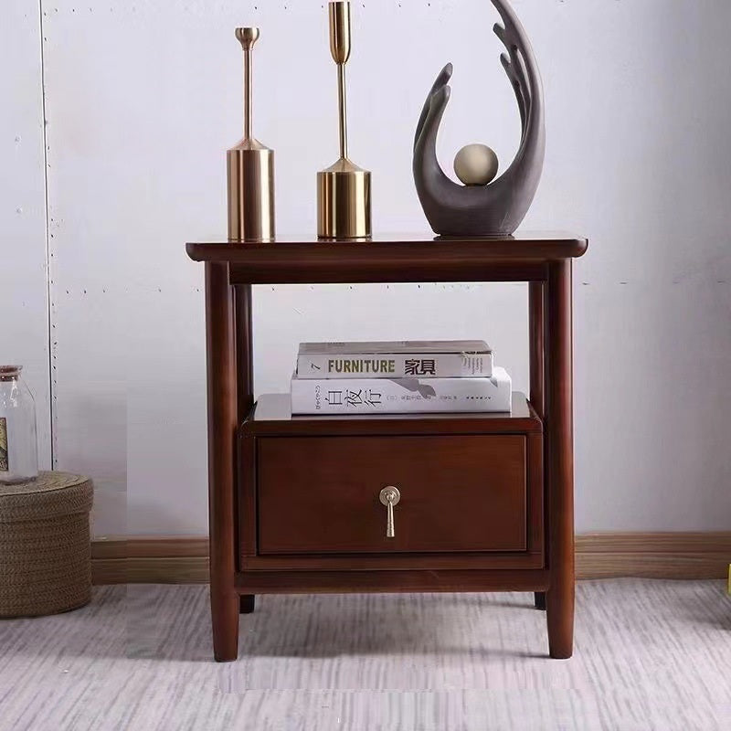 Traditional Chinese Solid Wood Plywood Cylindrical Square Nightstand With 1 Drawer For Bedroom