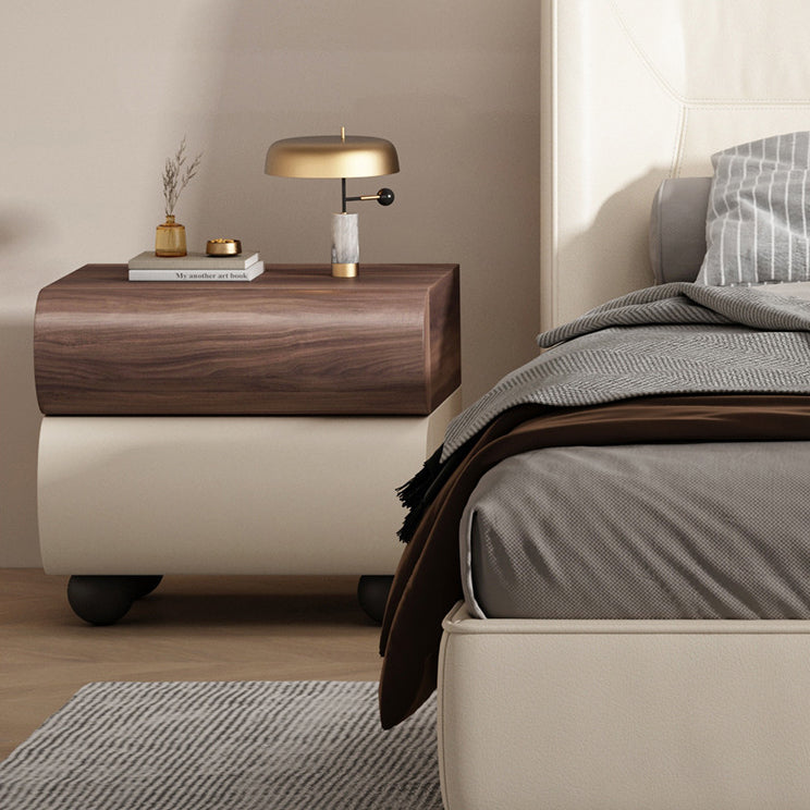 Table de chevet sphérique courbée en acier au carbone, bois massif contemporain et cuir synthétique, avec 2 tiroirs, pour chambre à coucher 