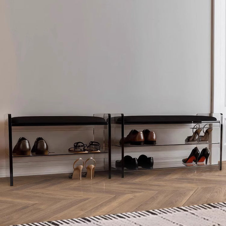 Modern Minimalist Top Grain Leather Acrylic Rounded Rectangular Shoe Bench With 2-Tier For Living Room