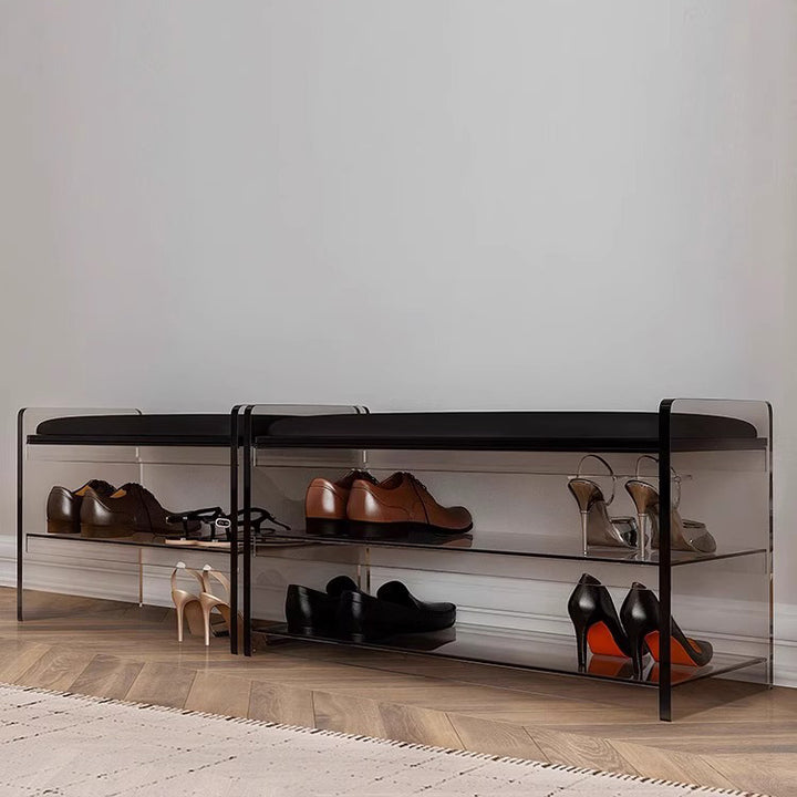 Moderner minimalistischer Schuhbank aus hochwertigem Leder und Acryl mit abgerundeten rechteckigen Formen und 2 Ebenen für das Wohnzimmer 