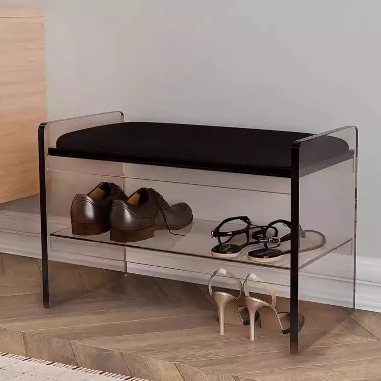 Modern Minimalist Top Grain Leather Acrylic Rounded Rectangular Shoe Bench With 2-Tier For Living Room