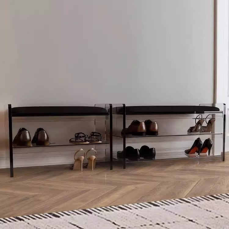 Modern Minimalist Top Grain Leather Acrylic Rounded Rectangular Shoe Bench With 2-Tier For Living Room