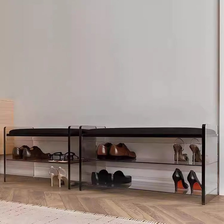 Moderner minimalistischer Schuhbank aus hochwertigem Leder und Acryl mit abgerundeten rechteckigen Formen und 2 Ebenen für das Wohnzimmer 