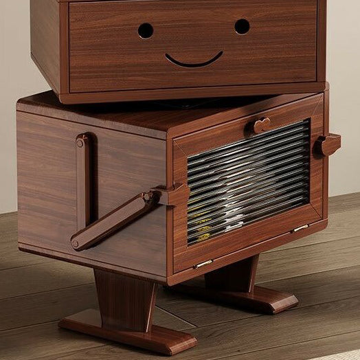Contemporary Creative Red Oak Wood Glass Metal Robot Side Table Nightstand With Rotating Head For Bedroom