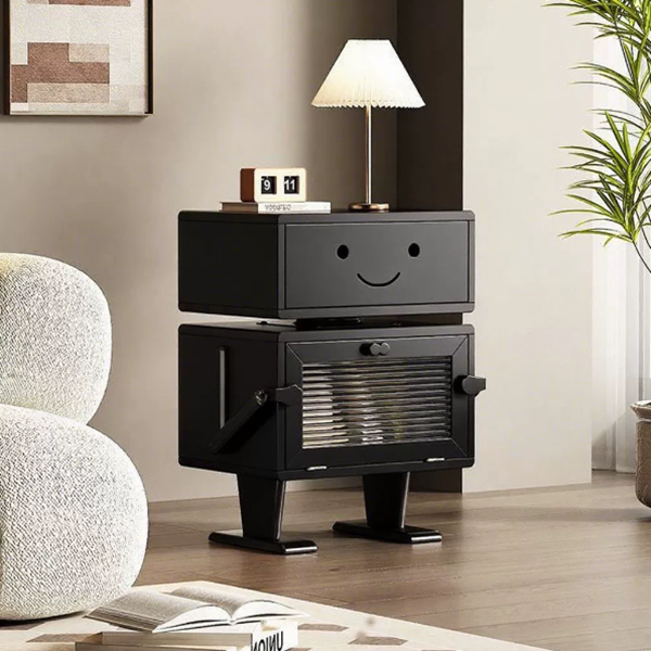 Contemporary Creative Red Oak Wood Glass Metal Robot Side Table Nightstand With Rotating Head For Bedroom