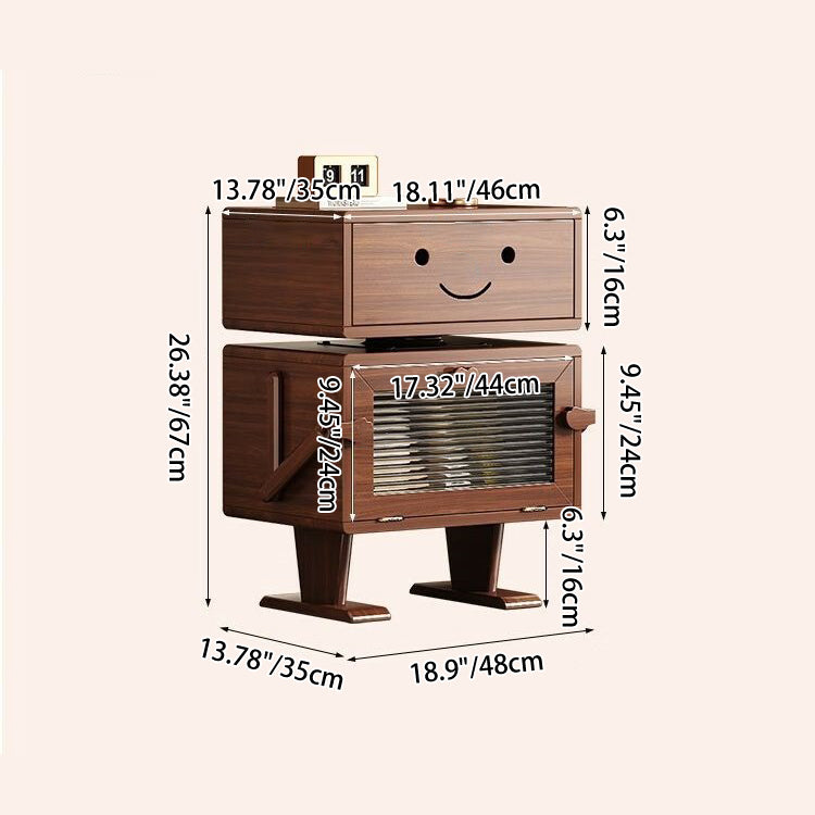 Contemporary Creative Red Oak Wood Glass Metal Robot Side Table Nightstand With Rotating Head For Bedroom