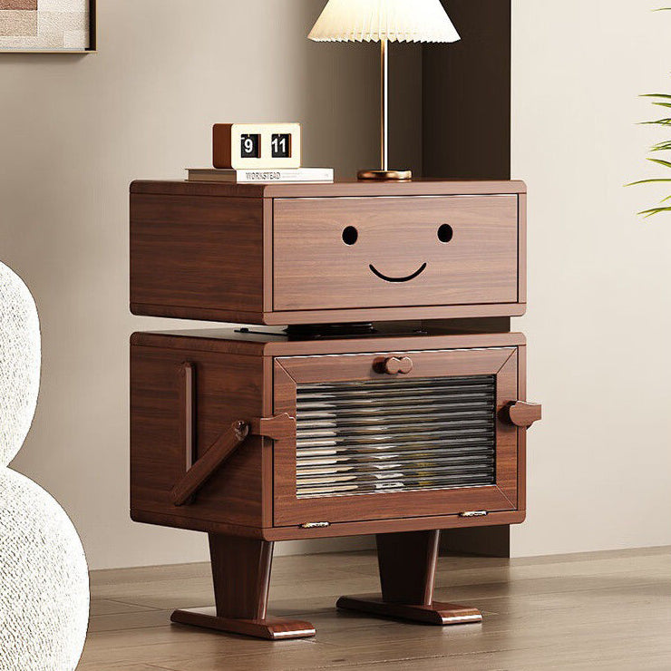 Contemporary Creative Red Oak Wood Glass Metal Robot Side Table Nightstand With Rotating Head For Bedroom