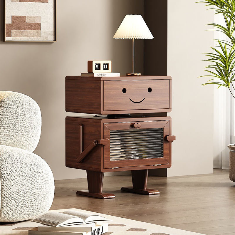 Contemporary Creative Red Oak Wood Glass Metal Robot Side Table Nightstand With Rotating Head For Bedroom