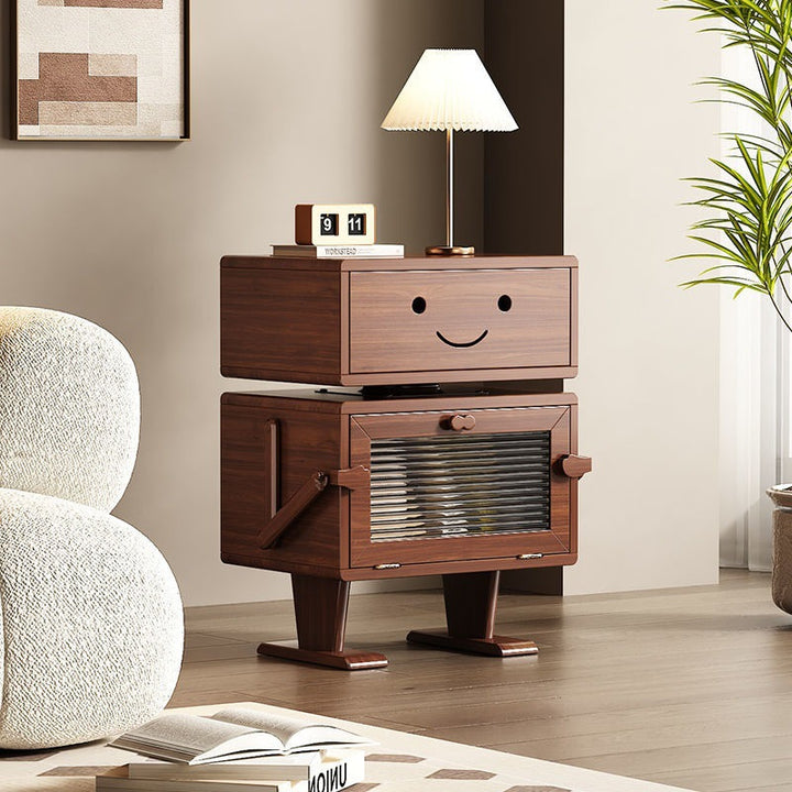 Contemporary Creative Red Oak Wood Glass Metal Robot Side Table Nightstand With Rotating Head For Bedroom
