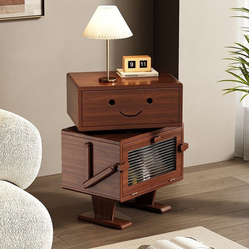 Contemporary Creative Red Oak Wood Glass Metal Robot Side Table Nightstand With Rotating Head For Bedroom