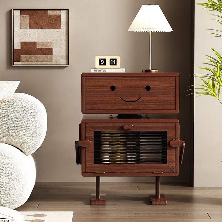 Contemporary Creative Red Oak Wood Glass Metal Robot Side Table Nightstand With Rotating Head For Bedroom