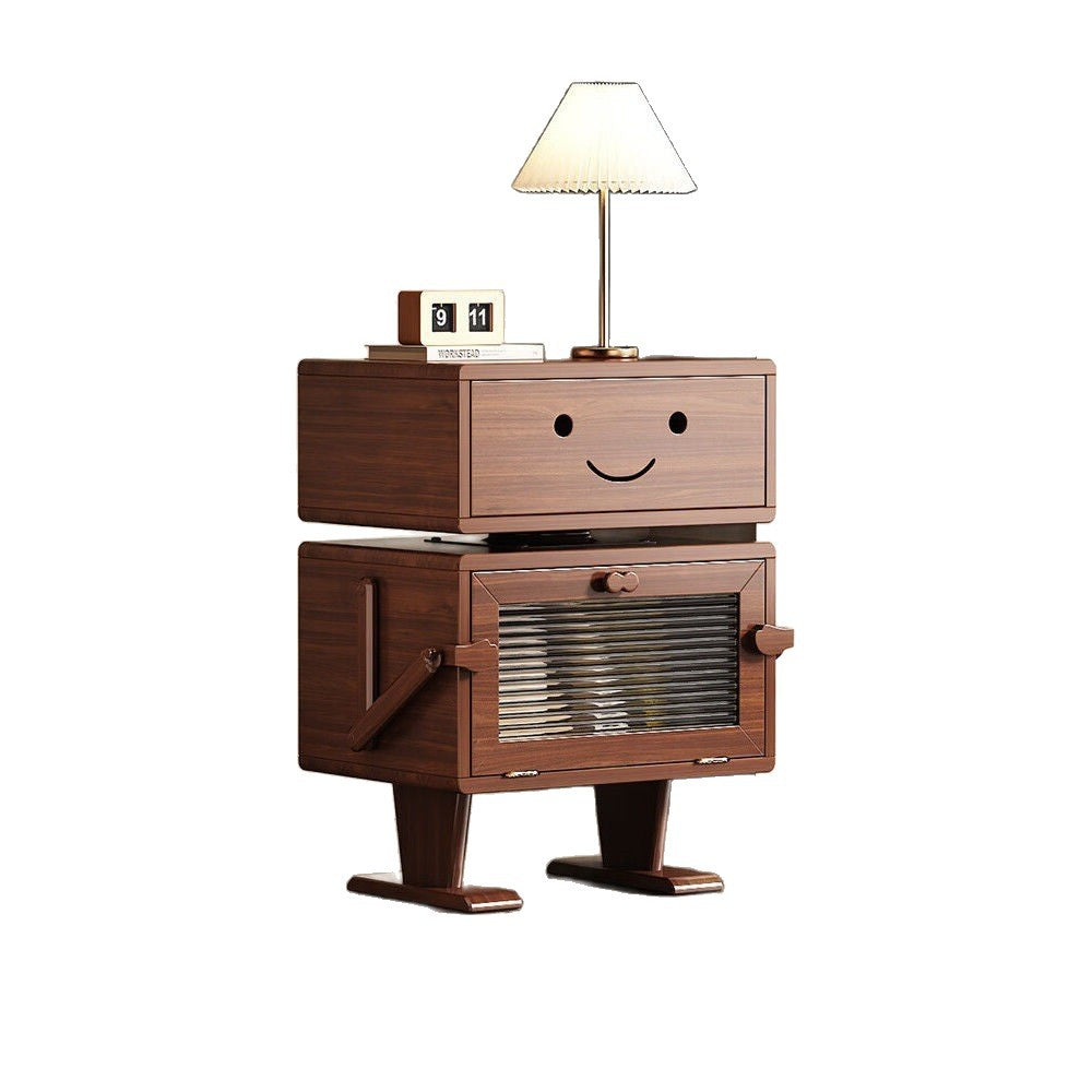 Contemporary Creative Red Oak Wood Glass Metal Robot Side Table Nightstand With Rotating Head For Bedroom
