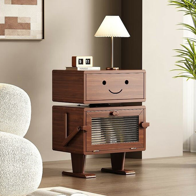 Contemporary Creative Red Oak Wood Glass Metal Robot Side Table Nightstand With Rotating Head For Bedroom