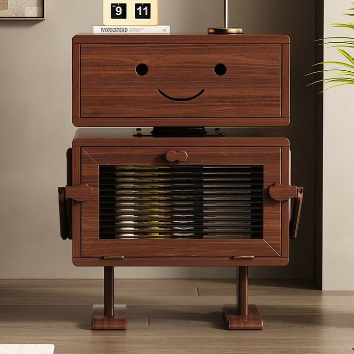 Contemporary Creative Red Oak Wood Glass Metal Robot Side Table Nightstand With Rotating Head For Bedroom