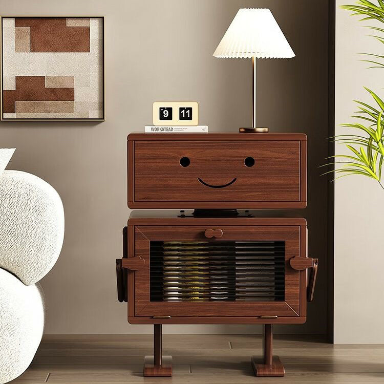 Contemporary Creative Red Oak Wood Glass Metal Robot Side Table Nightstand With Rotating Head For Bedroom