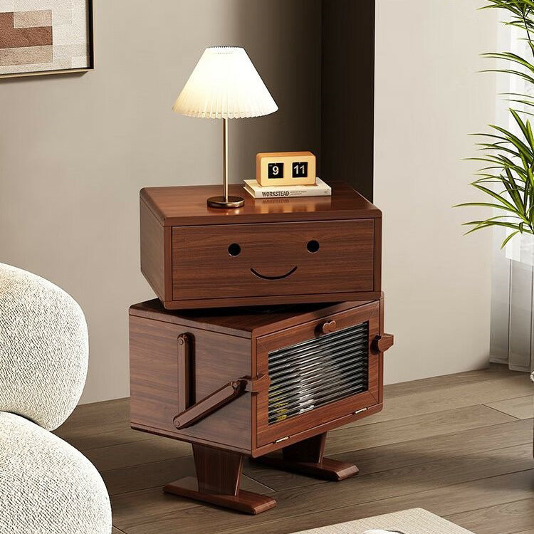 Contemporary Creative Red Oak Wood Glass Metal Robot Side Table Nightstand With Rotating Head For Bedroom