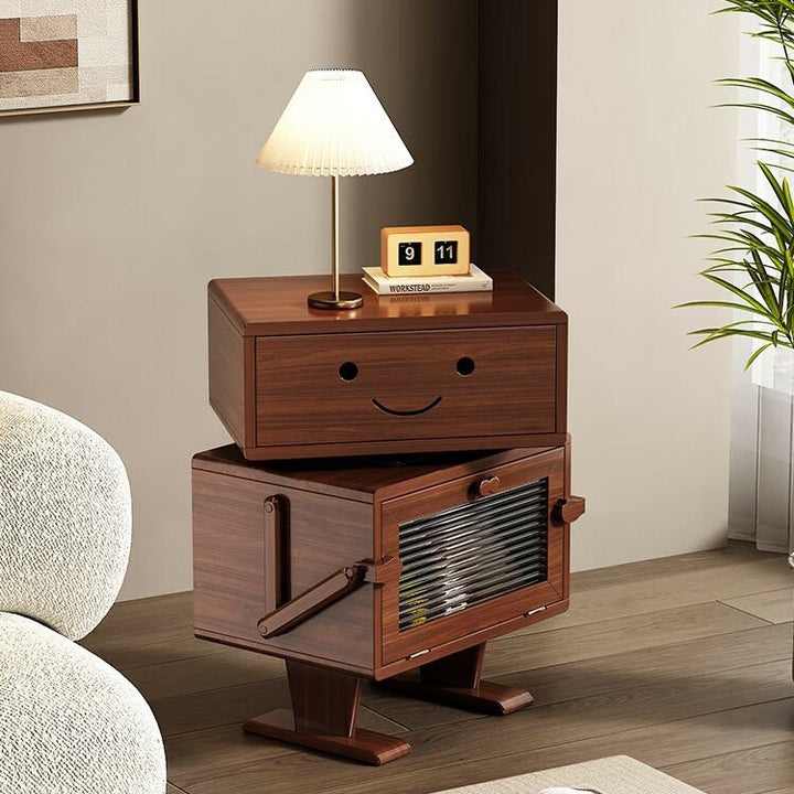 Contemporary Creative Red Oak Wood Glass Metal Robot Side Table Nightstand With Rotating Head For Bedroom