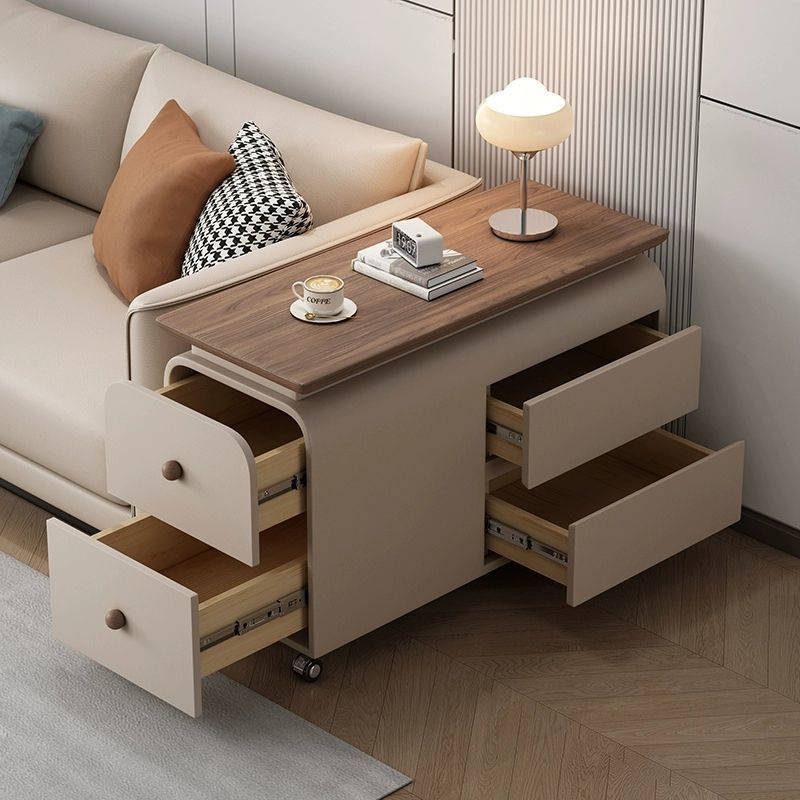 Contemporary Scandinavian Cat-Scratch-Resistant Leather Pine Wood Rounded Side Table With 4 Drawers For Living Room