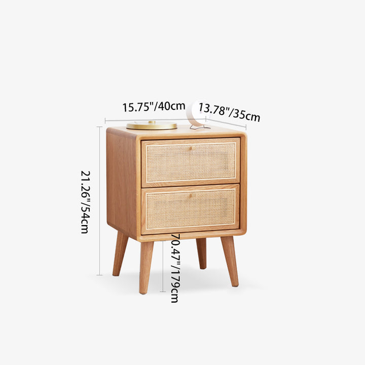 Traditional Chinese Pine Wood &amp; Rattan Rounded Square Nightstand With 2 Drawers For Bedroom