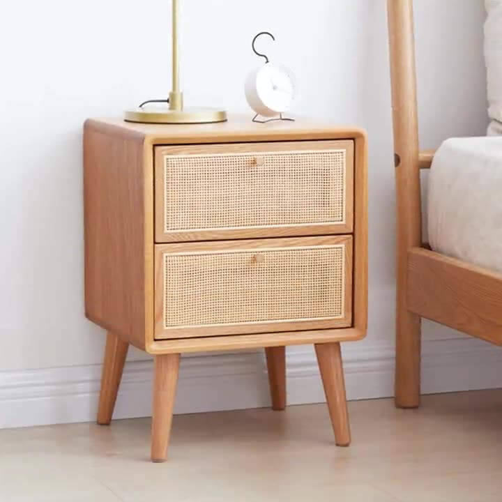 Traditional Chinese Pine Wood &amp; Rattan Rounded Square Nightstand With 2 Drawers For Bedroom