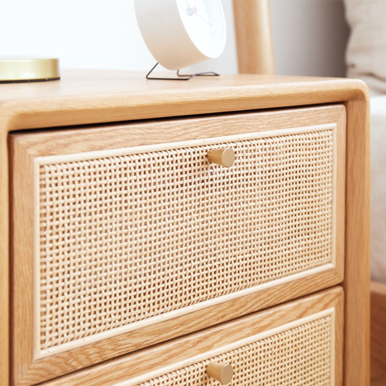 Traditional Chinese Pine Wood &amp; Rattan Rounded Square Nightstand With 2 Drawers For Bedroom