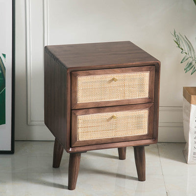 Traditional Chinese Pine Wood &amp; Rattan Rounded Square Nightstand With 2 Drawers For Bedroom