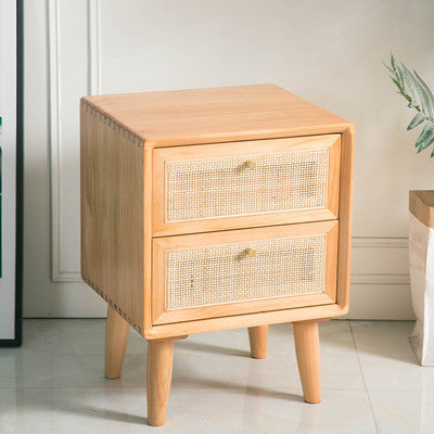 Traditional Chinese Pine Wood &amp; Rattan Rounded Square Nightstand With 2 Drawers For Bedroom