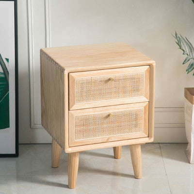 Traditional Chinese Pine Wood &amp; Rattan Rounded Square Nightstand With 2 Drawers For Bedroom