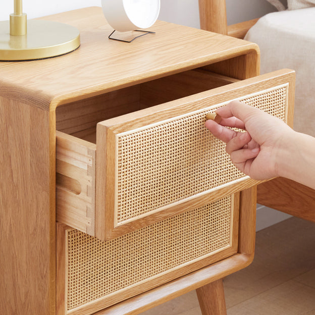 Traditional Chinese Pine Wood &amp; Rattan Rounded Square Nightstand With 2 Drawers For Bedroom