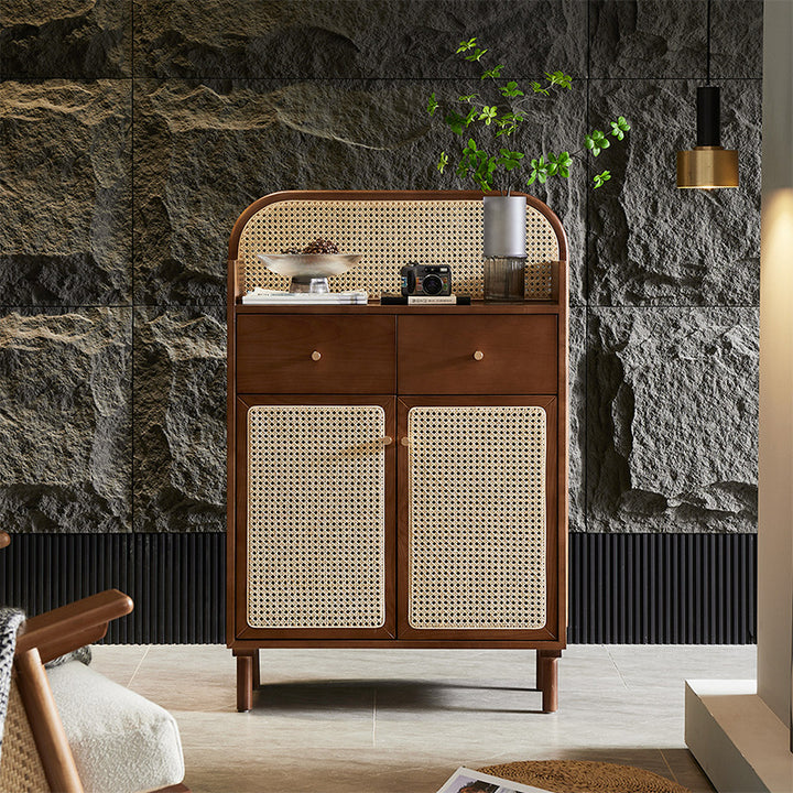 Traditioneller chinesischer Massivholz-Sperrholz-Eschenholz-Rattan-Kurven-Beistelltisch mit 2 Schubladen für das Wohnzimmer 