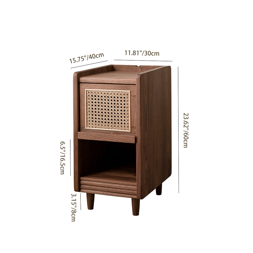 Traditional Chinese Black Walnut Wood Rattan Textured Nightstand With Drawer For Bedroom