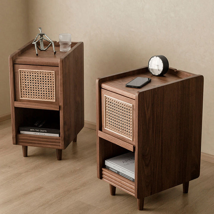 Traditional Chinese Black Walnut Wood Rattan Textured Nightstand With Drawer For Bedroom
