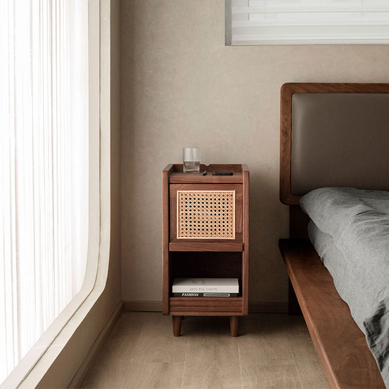 Traditional Chinese Black Walnut Wood Rattan Textured Nightstand With Drawer For Bedroom