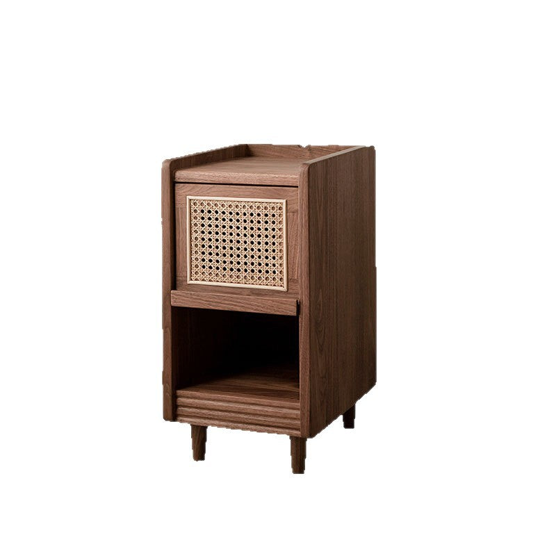 Traditional Chinese Black Walnut Wood Rattan Textured Nightstand With Drawer For Bedroom