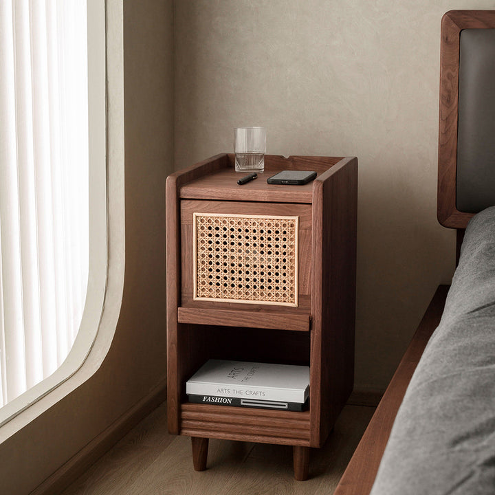Traditional Chinese Black Walnut Wood Rattan Textured Nightstand With Drawer For Bedroom