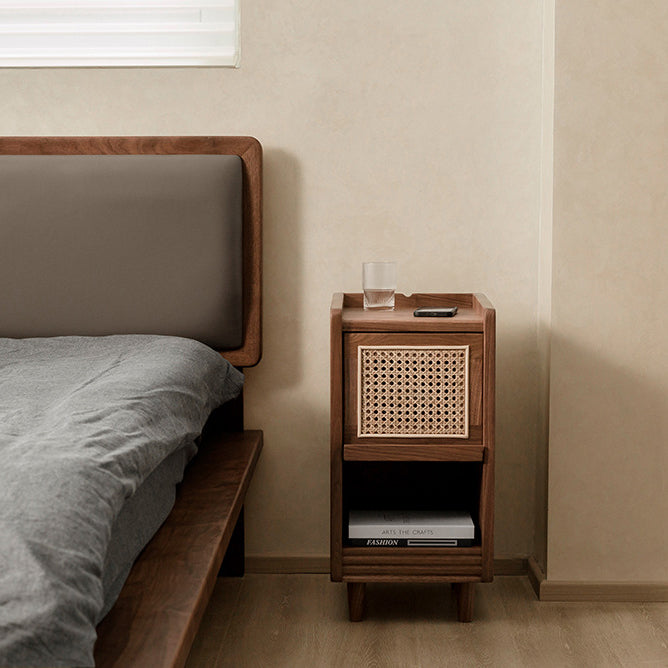 Traditional Chinese Black Walnut Wood Rattan Textured Nightstand With Drawer For Bedroom