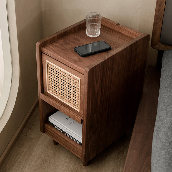 Traditional Chinese Black Walnut Wood Rattan Textured Nightstand With Drawer For Bedroom