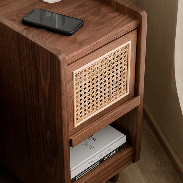Traditional Chinese Black Walnut Wood Rattan Textured Nightstand With Drawer For Bedroom