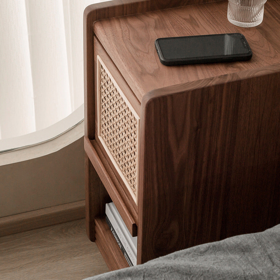 Traditional Chinese Black Walnut Wood Rattan Textured Nightstand With Drawer For Bedroom