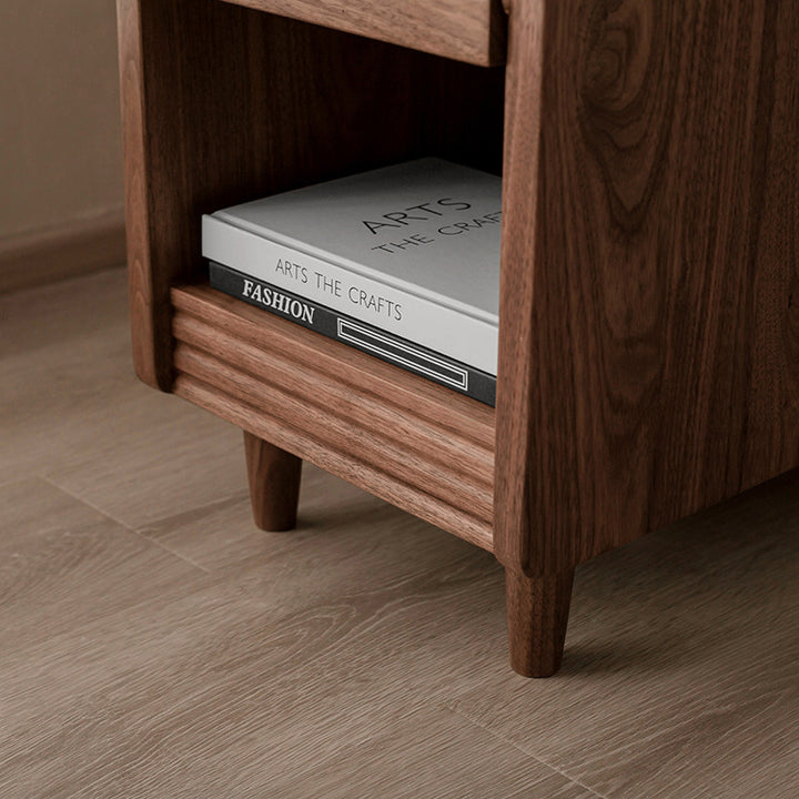 Traditional Chinese Black Walnut Wood Rattan Textured Nightstand With Drawer For Bedroom