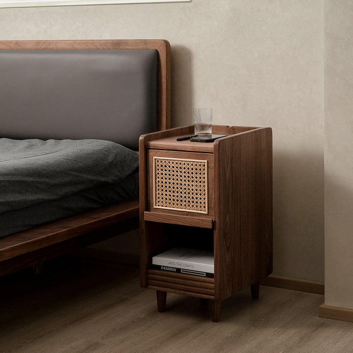 Traditional Chinese Black Walnut Wood Rattan Textured Nightstand With Drawer For Bedroom