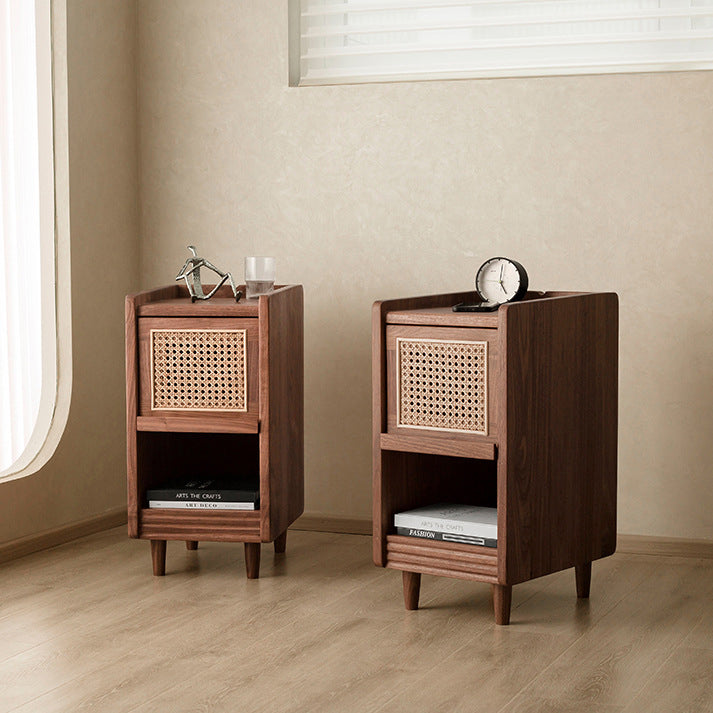 Traditional Chinese Black Walnut Wood Rattan Textured Nightstand With Drawer For Bedroom