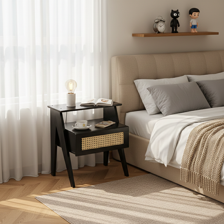 Traditioneller Vintage-Bambus-ABS-Rattan-Nachttisch mit abgestuftem quadratischem Design und 1 Schublade für das Schlafzimmer 