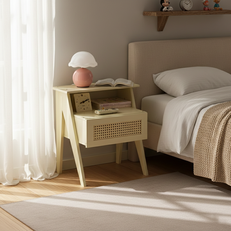 Traditioneller Vintage-Bambus-ABS-Rattan-Nachttisch mit abgestuftem quadratischem Design und 1 Schublade für das Schlafzimmer 