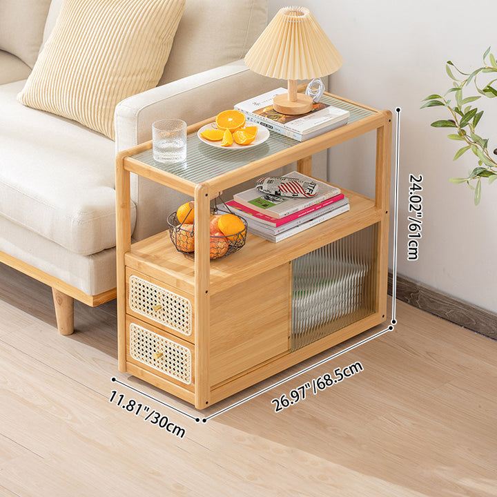 Moderner minimalistischer rechteckiger Beistelltisch aus Bambus, Massivholz, Sperrholz, Harz, Rattan und Glas mit 2 Schubladen für das Wohnzimmer 