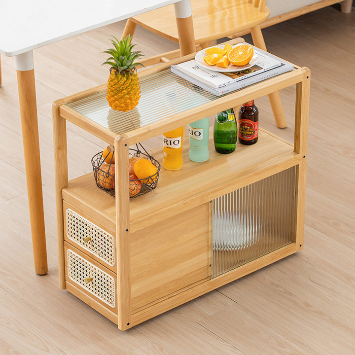 Modern Minimalist Bamboo Solid Wood Plywood Resin Rattan Glass Rectangular Mobile Side Table With 2 Drawers For Living Room