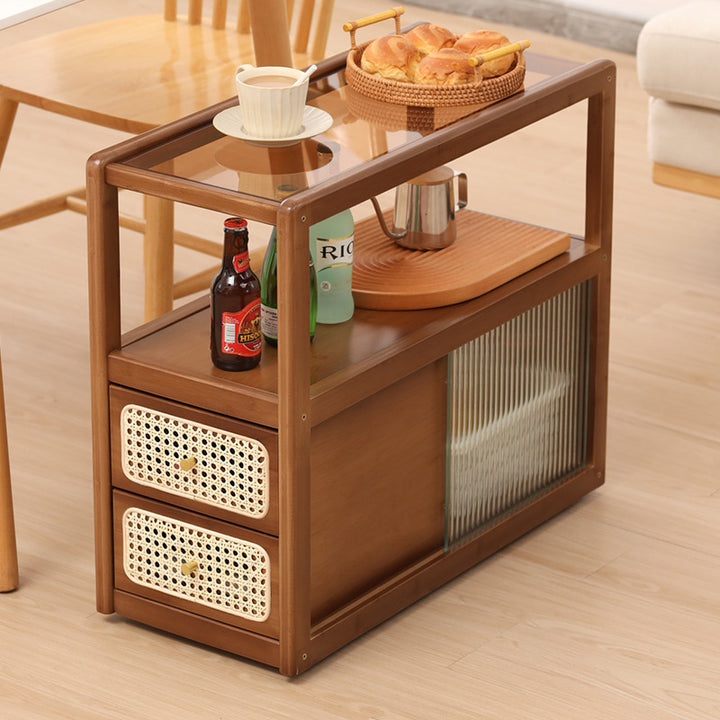 Moderner minimalistischer rechteckiger Beistelltisch aus Bambus, Massivholz, Sperrholz, Harz, Rattan und Glas mit 2 Schubladen für das Wohnzimmer 