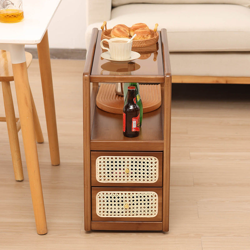 Modern Minimalist Bamboo Solid Wood Plywood Resin Rattan Glass Rectangular Mobile Side Table With 2 Drawers For Living Room