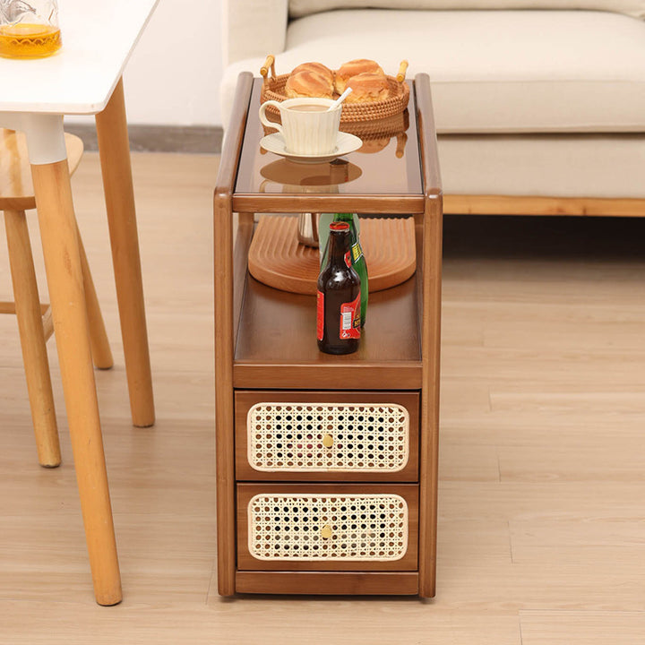Moderner minimalistischer rechteckiger Beistelltisch aus Bambus, Massivholz, Sperrholz, Harz, Rattan und Glas mit 2 Schubladen für das Wohnzimmer 